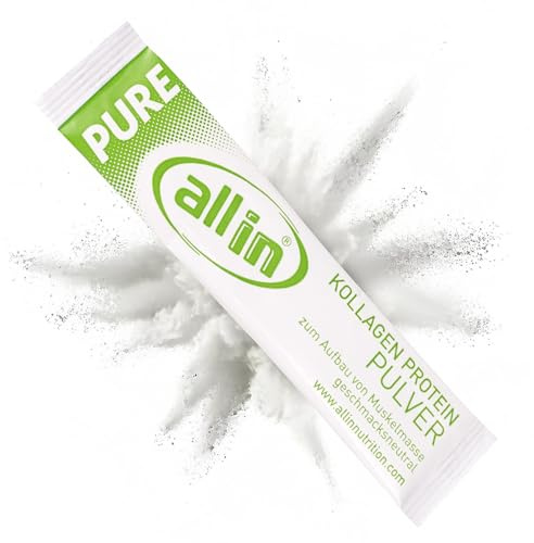 all in® PURE reines Kollagen Protein Pulver 100 x 5g Stick ohne Kohlenhydrate - Sportnahrung hochwertiges Eiweiß ohne Zusatzstoffe ideal zum Muskelaufbau | Geschmacksneutrales Kollagen Pulver vom Rind