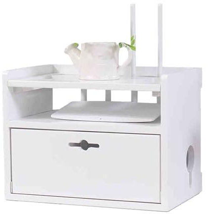 Caja Ocultar Router Wifi de Madera Maciza Doble Capa Ahuecado por Todos Lados Caja Router Cajas Decorativas Router Rack para Cables de TV, Ordenador, Router(White)