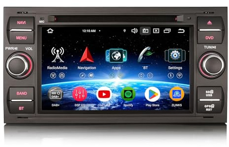 Erisin 8-Kern 4GB+64GB Android 14 Autoradio mit CD Player für Ford Fiesta Focus Transit Galaxy C-Max S-Max Kuga 7 Zoll IPS Bildschirm GPS Navi Bluetooth CarPlay Android Auto DSP WiFi 4G DAB+ OBD2 DVD