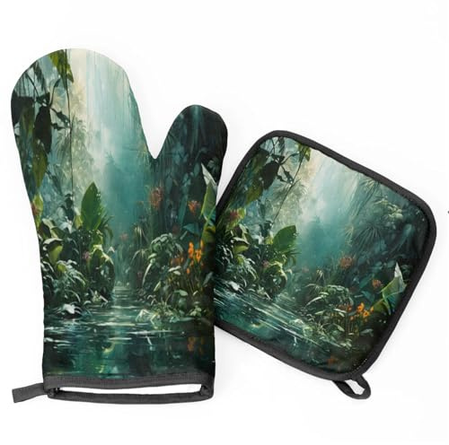 Premium Oven Gloves Mitts Stream Water Woods Modern Pot Holders for Handling Hot Pots Barbecue