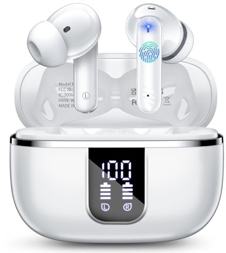 Cuffie Bluetooth, Auricolari Bluetooth 5.4 In Ear HiFi Stereo, Cuffie Senza Fili con 4 ENC HD Mic, 38 Ore cuffie wireless IP7 Impermeabili, Cuffiette Sport LED Display, per Androide/iOS, Bianco