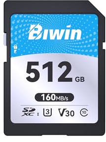 Biwin SD160 SD Card 512GB, SDXC Memory Card for Camera, Up to 160 MB/s Read Speed, 4K UHD, UHS-I Class 10 U3 V30 SD 3.0 Card, Shock & Water Resistance