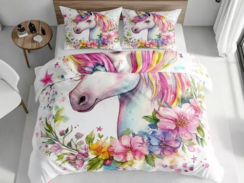 SKOEUI Bettwäsche 200x200 cm Cartoon-Einhorn Bettbezüge Microfaser Bettwäsche Weich Flauschige Deckenbezug mit Kissenbezug 80x80cm für Allergiker Geeignet, Rosa