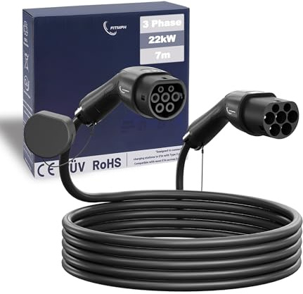FITMPH Câble de Recharge Type 2 à Type 2 pour Voiture électrique, 22kW 32A, 3 Phases, 5m/7m/10m, Compatible avec VE/PHEV Type 2 et CCS2 (7m)