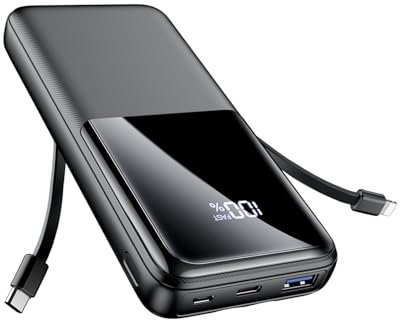 Power Bank Fast Charging 15000mAh, 22.5W Portable Charger with 2 Built-in Cables & 3 Ports, Powerbank with LED Display, Battery Pack Compatible with iPhone 16 15 14 13 Android and more