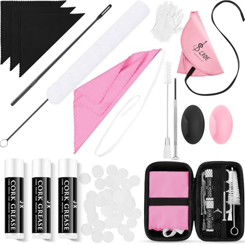 Vesici 40 Pcs Flute Cleaning Accessories All in 1 Flute Cleaner Maintenance Kit Care Kit with Brush Cleaning Rod Swab Plugs Thumb Rest Cushion (Pink)
