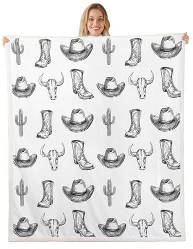 Loussiesd West Cowboy Fleece Throw Blanket Queen 90x90Inch Kids Cow Skull Black Sherpa Blanket for Boys Girls Teens Cactus Hat Boots Plush Breathable Rodeo Cowboy Room Decor