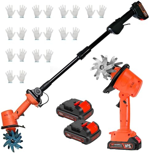 Handheld 21V Cordless Mini Tiller Cultivator - 2 Battery, 10 Gloves, 235 RPM, 10cm Tilling Width & Depth, 4 Rows Tines - Electric Garden Rotavator Tool Weeder