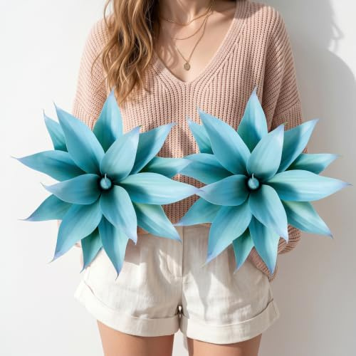 Ttranewsoo Artificial Agave Plants,Large UV Resistant Fake Agave Planters 12 for Indoor and Outdoor Decorating Tropical Plant Succulents Greenery Indoor Decor (Blue,2Pack)