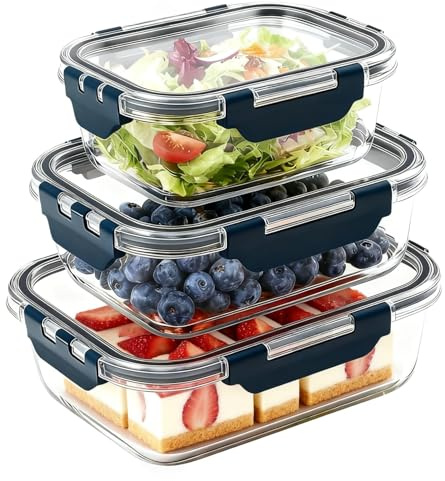 3 Pack Glass Meal Prep Containers, with Airtight Lids, Round Leakproof Lunch Box, Stackable Glass Food Storage Containers Set, Freezer, Ov-en, Microwave & Dishwasher Safe (3Pack - Rectangular)