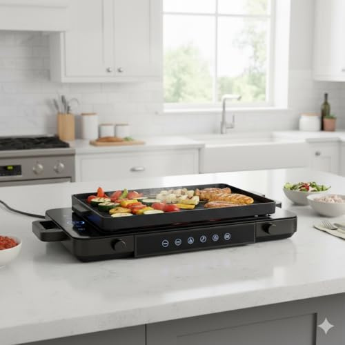 ROSMARINO Induktionskochplatte 2 Zonen 1500W+2000W Klappbar, inkl. Grillplatte 51,5x24cm Antihaft, 9 Leistungsstufen, 99-Min Timer, Touch-Bedienung, Überhitzungsschutz