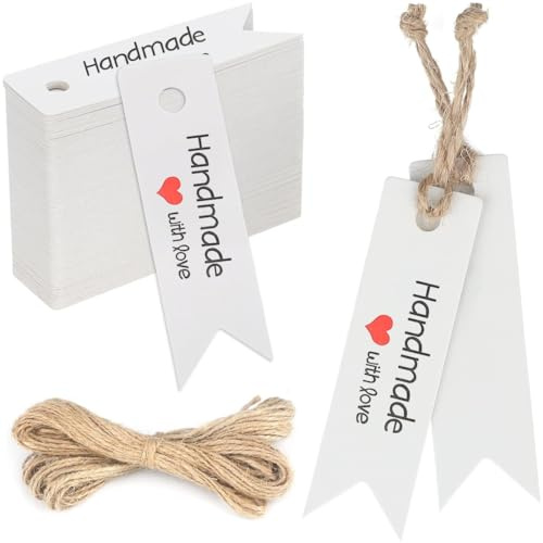 Handmade Label, Geschenkanhänger 100 Stück Handmade With Love Anhänger Kraftpapier, Mit Hanfseil 20 Meter, Dekorative Hängeetiketten Für Weihnachten Hochzeit Geburtstag Ostern Valentinsta Geschenke