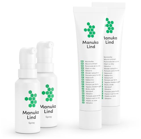 ManukaLind Spray cicatrisant + pommade cicatrisante au miel de Manuka antibactérien (MGO 514+) pour toutes les phases de la cicatrisation des plaies, de nombreux types de plaies, favorise la