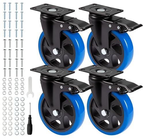GreenWhim 125MM Heavy Duty Castor Wheels with Brakes Double Bearing PU Swivel Trolley Casters 4 Pack Industrial Plate Casters 800KG Load Capacity