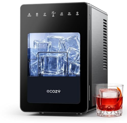 ecozy Macchina per Ghiaccio con Cubi Trasparenti da 50 mm, Ghiaccio Cristallino in 30 Min con Modalità Eco, Timer 24 Ore, Display LED, 96 Cubi al Giorno, Tecnologia CrystalFlux, per Home Bar e Whisky