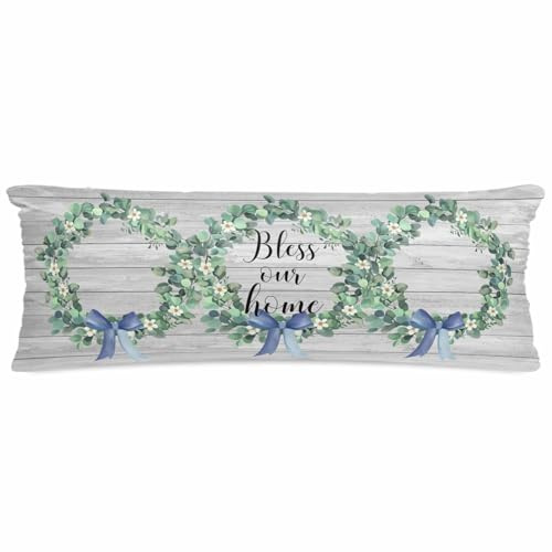 Gusidachig Farmhouse Wooden Grain Satin Pillowcase for Hair and Skin with Zipper, Soft Breathable Cooling Silk Pillow Cases, Eucalyptus Leaves Watercolor Bow Body Pillow Covers Bed Pillows 20x54