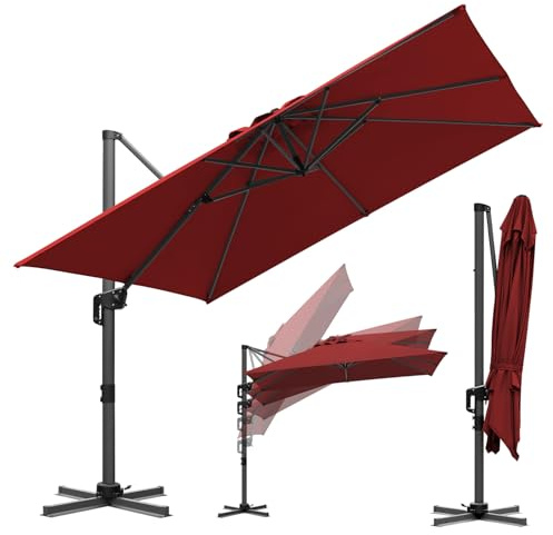 ISOISL 300 x 300 cm Sonnenschirm AmpelschirmGroß Gartenschirm mit Kurbe 360° Drehbar und Kippbar,Terrassenschirm Sonnenschutz UV50+ Gestell Aluminium,Marktschirm für Garten,Terrasse,Rot