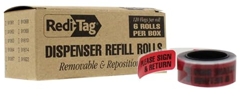 Redi-Tag 91037 Arrow Message Page Flag Refills, Please Sign & Return, Red, 120 per Roll (Box of 6 Rolls)