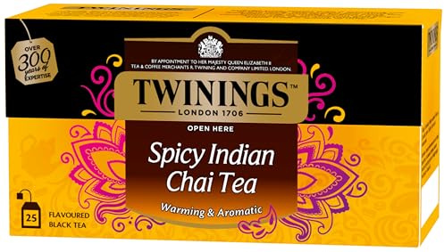 Twinings Té Negro Spicy Indian Chai - Té Negro Aromatizado con Cardamomo, Jengibre y Canela (25 Bolsas)