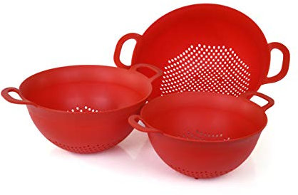 Mintra Home Kunststoff-Sieb mit starken Doppelgriffen und tiefer Schüssel, BPA-frei, für Pasta, Nudeln, Spaghetti, Gemüse (rot, Sortiert, 3 Stück)