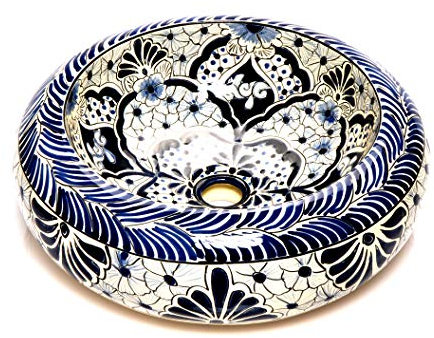 Allegria - Weißes rundes mexikanisches Keramikbecken – Mexikanische Rund Aufsatzwaschbecken | 40 cm Keramik Talavera Waschbecken aus Mexiko | Buntes motiven | Ideal badezimmer zementfliesen
