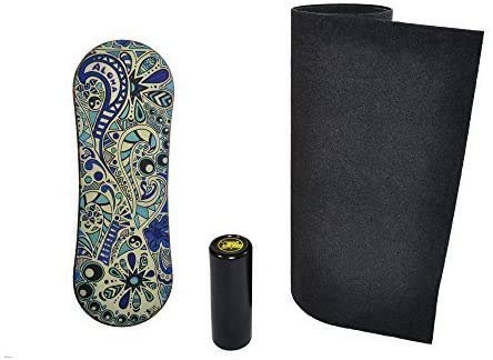 Trickboard Balance Board Set: Brett + Roller + Teppich + Aufkleber kostenlos - Balance Training Skateboard Surfboard Snowboard Wakeboard (Gelb Roller)