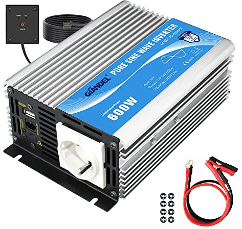 Giandel Inversor de Corriente 600w DC 12v a AC 220v 230v Onda sinusoidal Pura Silencioso Convertidor con Mando a Distancia & Puerto USB para Coche Camion