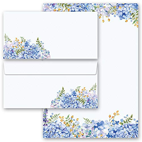 Motif-ensembles de papeterie Fleurs & Pétales, HORTENSIAS BLEUS 20 feuilles de papier à lettres et 20 enveloppes DIN LONG sans fenêtre | Paper-Media