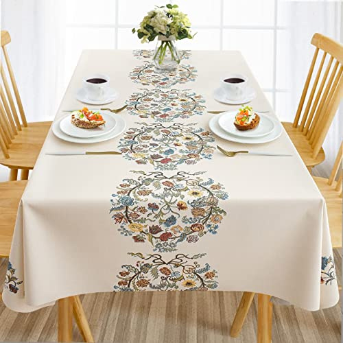 AIRCOWRIE Waterproof Vinyl Tablecloths, Heavy Duty Oil Proof Spill Proof Plastic Table Cloth, Wipe Clean PVC Table Cover for Spring Indoor and Outdoor Use (Embroidery Flower, 54”×78”, Rectangle)