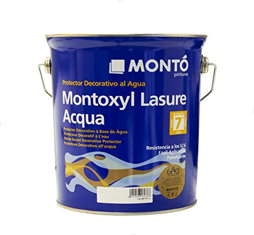 Trattamento protettivo per legno all'acqua satinato o opaco, traspirante, con filtro solare UV. Montoxyl Lasure Acqua satinata/opaca (4L, bianco 990 satinato)