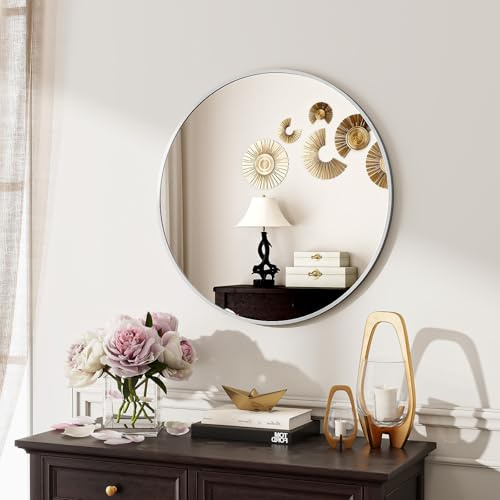 Koonmi 60cm Runder Spiegel Silber Wandspiegel mit Gebürstetem Metallrahmen für Bad, Waschtisch, Wohnzimmer, Schlafzimmer, Eingang Wanddekoration
