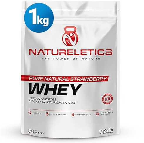 NATURELETICS ERDBEERE Whey Protein Ungesüßt ohne Süßstoffe und Zuckerzusatz Natürliches Premium Eiweißpulver, 1kg ohne Aspartam & Sucralose, Low Carb, Hoher BCAA-Anteil, Made in Germany