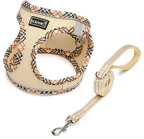 DORAMIO Hundegeschirr Kleine Hunde mit Leine, Step-in Geschirr Reflektierend Atmungsaktiv Brustgeschirr Anti Zug Sicherheitsgeschirr Katzengeschirr für Kleine Hunde, Katzen (Beige, XS)