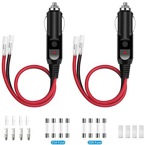 Giantdeer 2 Stück Zigarettenanzünder Stecker, Stecker Zigarettenanzünder 12V mit LED-Licht, 16AWG Auto Universalstecker 12V/24V mit 10A/15A Sicherung für Auto LKW Zigarettenanzünder Buchse(30CM)