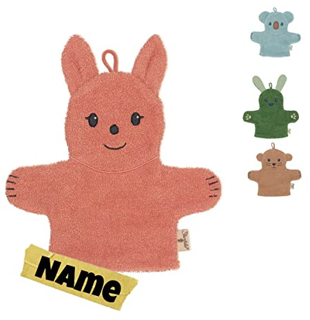 Waschlappen für Kinder personalisiert | Waschhandschuh | Frottee mit Namen bestickt | 100% BIO Baumwolle | Baby Geschenke (Enna Hase kupfer)