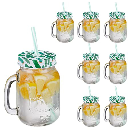 Relaxdays Verre à Cocktails avec Couvercle et Paille Incluse, Lot de 8, 500 ML, Style rétro, Estival, avec poignée, Vert