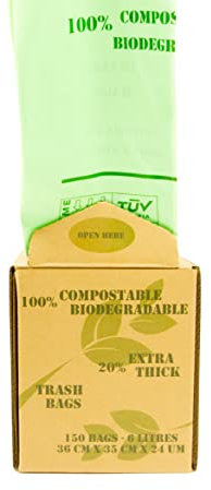 Sacs poubelle compostables et biodégradables 6 L/10 L/30 L - Sacs à déchets alimentaires fabriqués à partir de plantes avec certificat EN13432 pour la maison et la cuisine dans une boîte en kraft