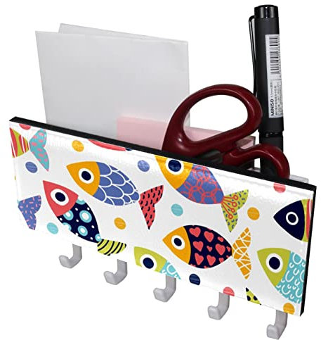 Schlüsselhaken Wandhaken, Schlüsselleiste für Leine, Briefhalter für Eingangsbereich, 5 Haken,Cartoon farbige Fische schöne Polka Dots