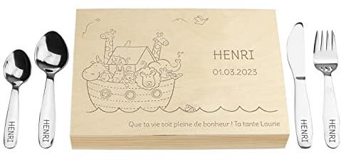 LAUBLUST Couverts pour Enfants gravés avec boîte - Cadeau personnalisée en Bois - Naturel - 4 pièces - Couverts de Table en Acier Inoxydable - Cadeau personnalisé (L'Arche de Noé)