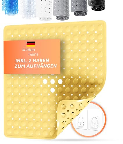 LICHTENHEIM Tappetino da doccia antiscivolo Sensitiv 53 x 53 cm, con 2 ganci, tappetino antiscivolo per vasca da bagno senza BPA, tappetino da bagno resistente alla muffa e lavabile (giallo chiaro)