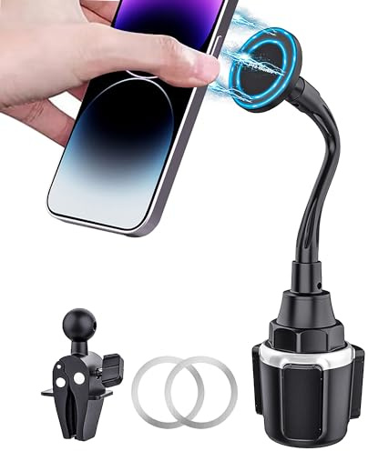 Cup Phone Holder for Car, Magnetic – Compatible with MagSafe, Secure Magnetic Mount, Stability-Enhanced Expandable Base, Flexible Reinforced Gooseneck, Works with iPhone, Galaxy, Pixel [Not Charger]