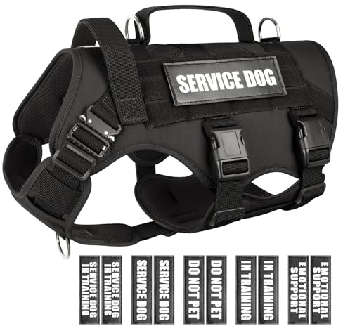 WINSEE Pettorina per cani di servizio per cani di grossa taglia, gilet tattico da lavoro MOLLE con 10 toppe per animali domestici, imbracatura resistente anti-trazione per addestramento e passeggiate