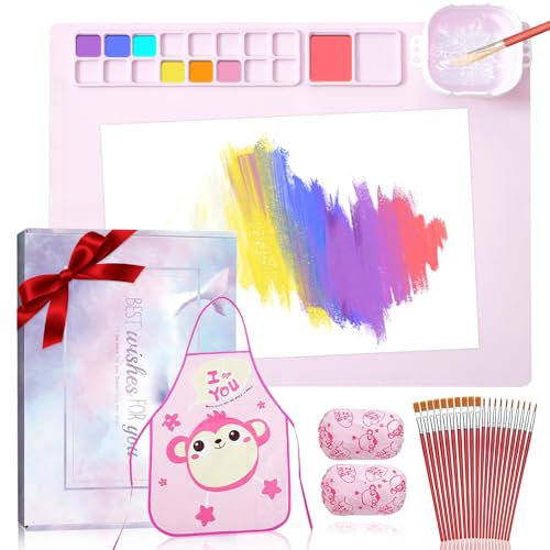 yuejuhe 5-teiliges Set Silikon Malmatte Malunterlage Abwaschbar, Bastelmatte zum Malen mit Sauberen Bechern für Malen, DIY Kunst, Ton (Rosa)