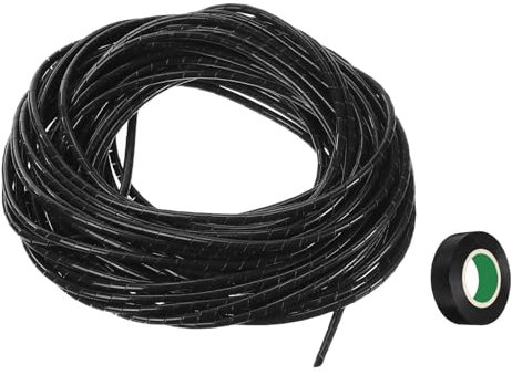QUARKZMAN Enrouleur de Câble en Spirale 20M 4mm Gaine de Gestion des Câbles Organisateur de Câbles Flexible en PE pour Fils d'Ordinateur, Câbles de Charge Noir avec Ruban Adhésif
