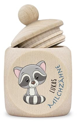 Zahndose Milchzähne Jungen Mädchen Holz Holzdose personalisiert Waschbär | Holzdose, mit Schraubverschluss, Milchzahndose, Name