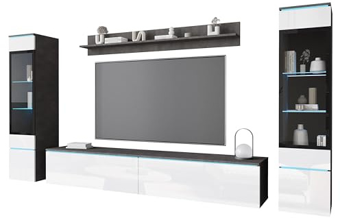 MINIO go for it - Wohnwand 4-Teilig Set Veve 2, Hängend/Stehend - ohne LED | 2X Hochschrank-Vitrine, Lowboard Wandboard, Laminierte Spannplatte, Matera und Weiss Hochglanz