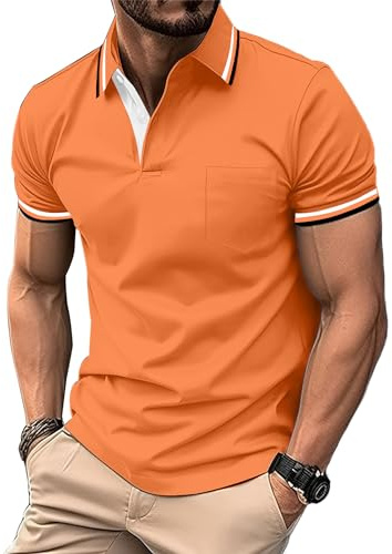 zitysport Polo Hombre Manga con Bolsillo en el Pecho Golf Polo Transpirable de Secado Rápido Poloshirt Deporte Slim Fit Tshirt Verano Camisa Hombre(Naranja-L)
