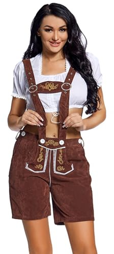 Pantaloni da donna neri per costume tradizionale bavarese, in pelle, al ginocchio, da donna, con bretelle per feste d'Oktoberfest ed eventi, salopette corte, marrone, M