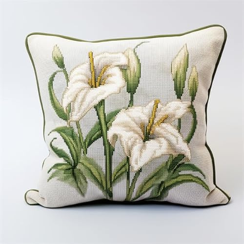 Kit Coussin Point de Croix Fleur Coussin à Broder Artisanal 45X45cm Coussin Brodé avec Fil et Aiguille à Broder Décoration Point de Croix Complet Broderie Pré-imprimé DIY pour Adulte la Chambre