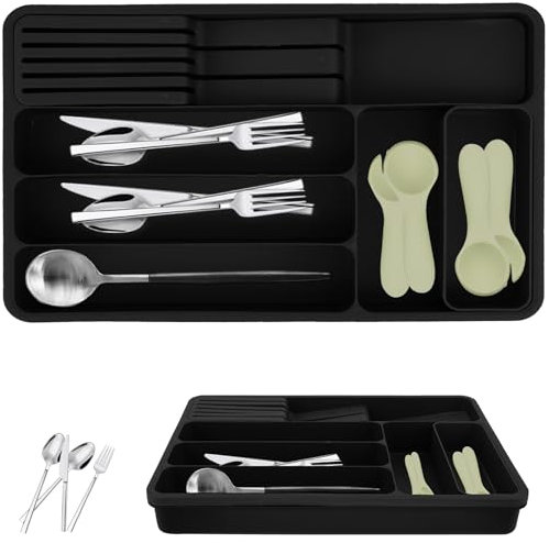 Grusce Silverware Drawer Organizer, Expandable Silverware Organizer Kitchen Drawer Organizer Adjustable Cutlery and Flatware Tray Multipurpose Utensil Organizer for Kitchen Drawer Countertop